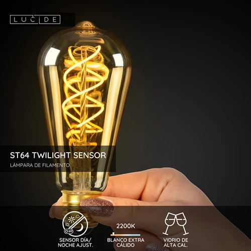 Lucide ST64 TWILIGHT SENSOR - Lámpara de filamento - Ø 6,4 cm - LED - E27 - 1x4W 2200K - Sensor día/noche - Ámbar - USP